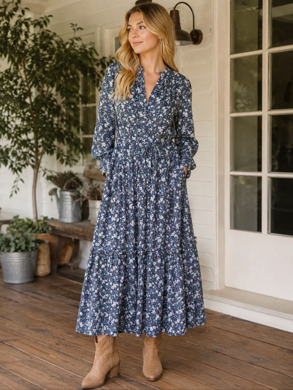 Margaret O'leary Women Vneck Tiered Floral Midi Dress Xs Cotton Navy